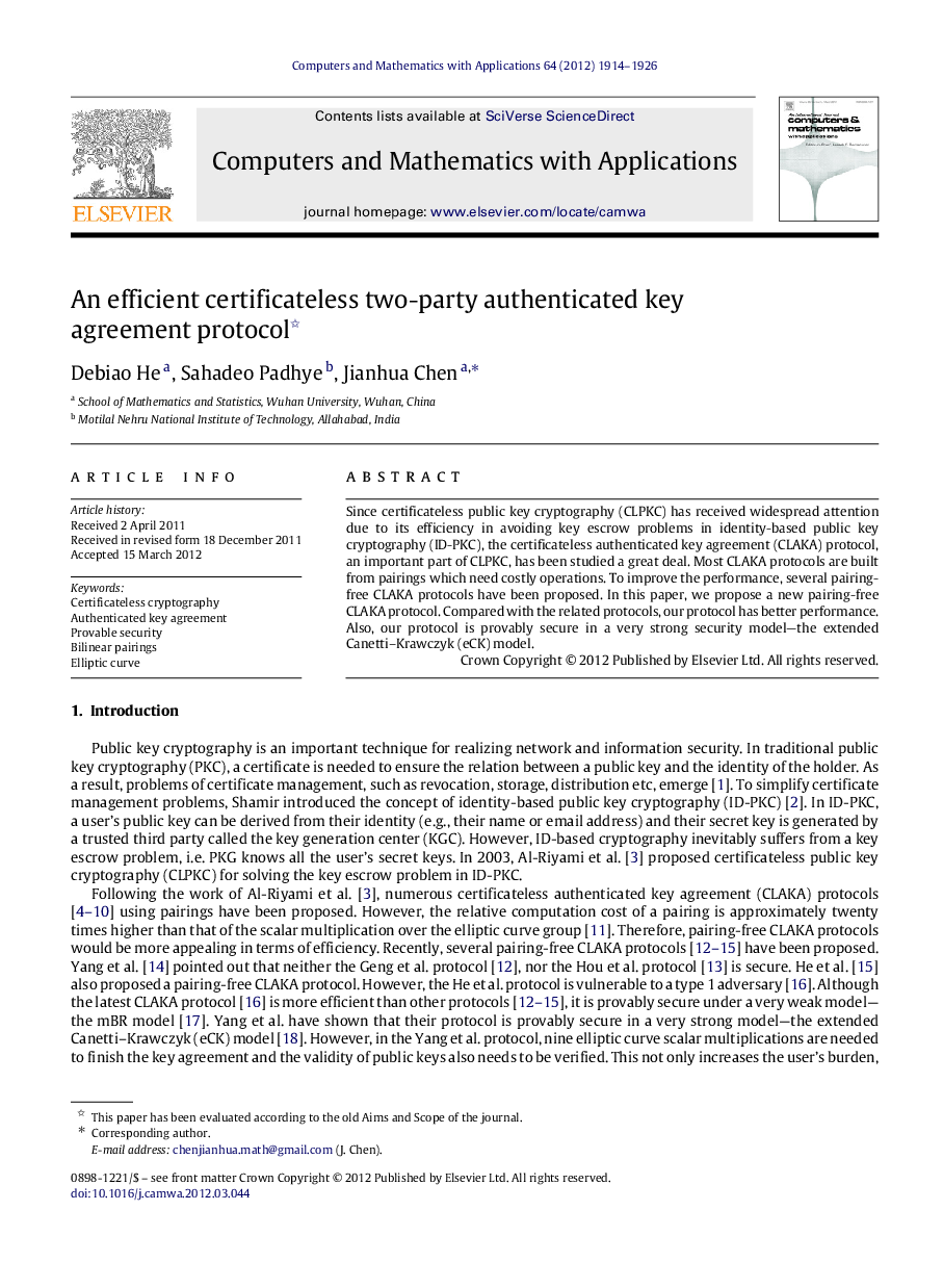 An efficient certificateless two-party authenticated key agreement protocol 