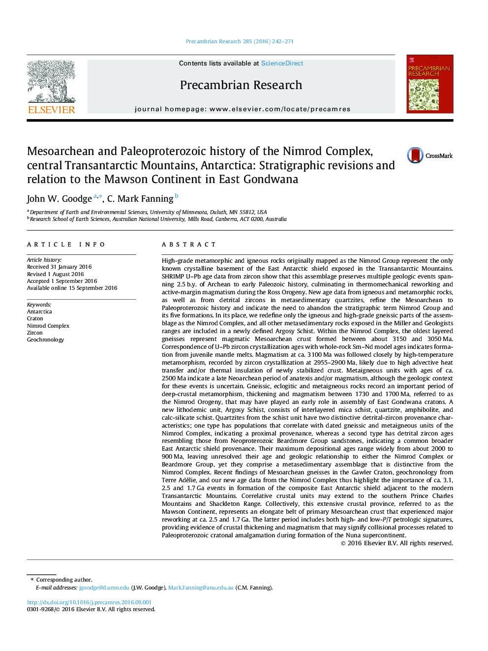 Mesoarchean and Paleoproterozoic history of the Nimrod Complex, central Transantarctic Mountains, Antarctica: Stratigraphic revisions and relation to the Mawson Continent in East Gondwana