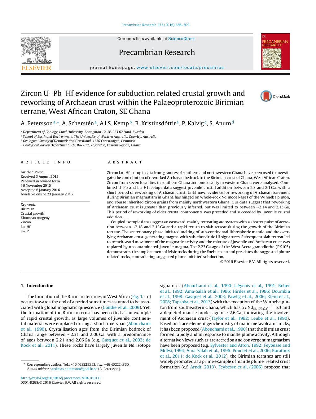 Zircon U–Pb–Hf evidence for subduction related crustal growth and reworking of Archaean crust within the Palaeoproterozoic Birimian terrane, West African Craton, SE Ghana