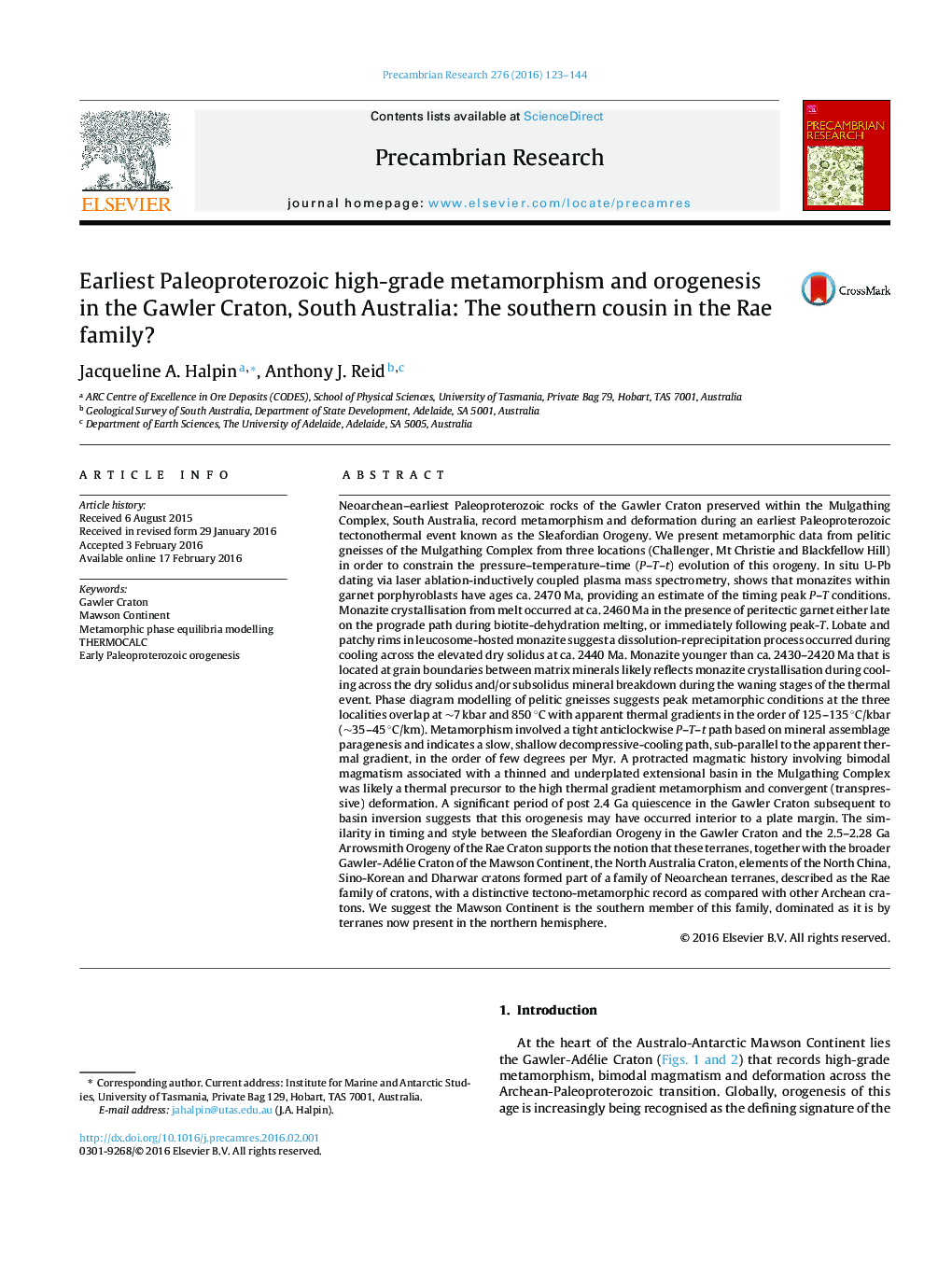 Earliest Paleoproterozoic high-grade metamorphism and orogenesis in the Gawler Craton, South Australia: The southern cousin in the Rae family?