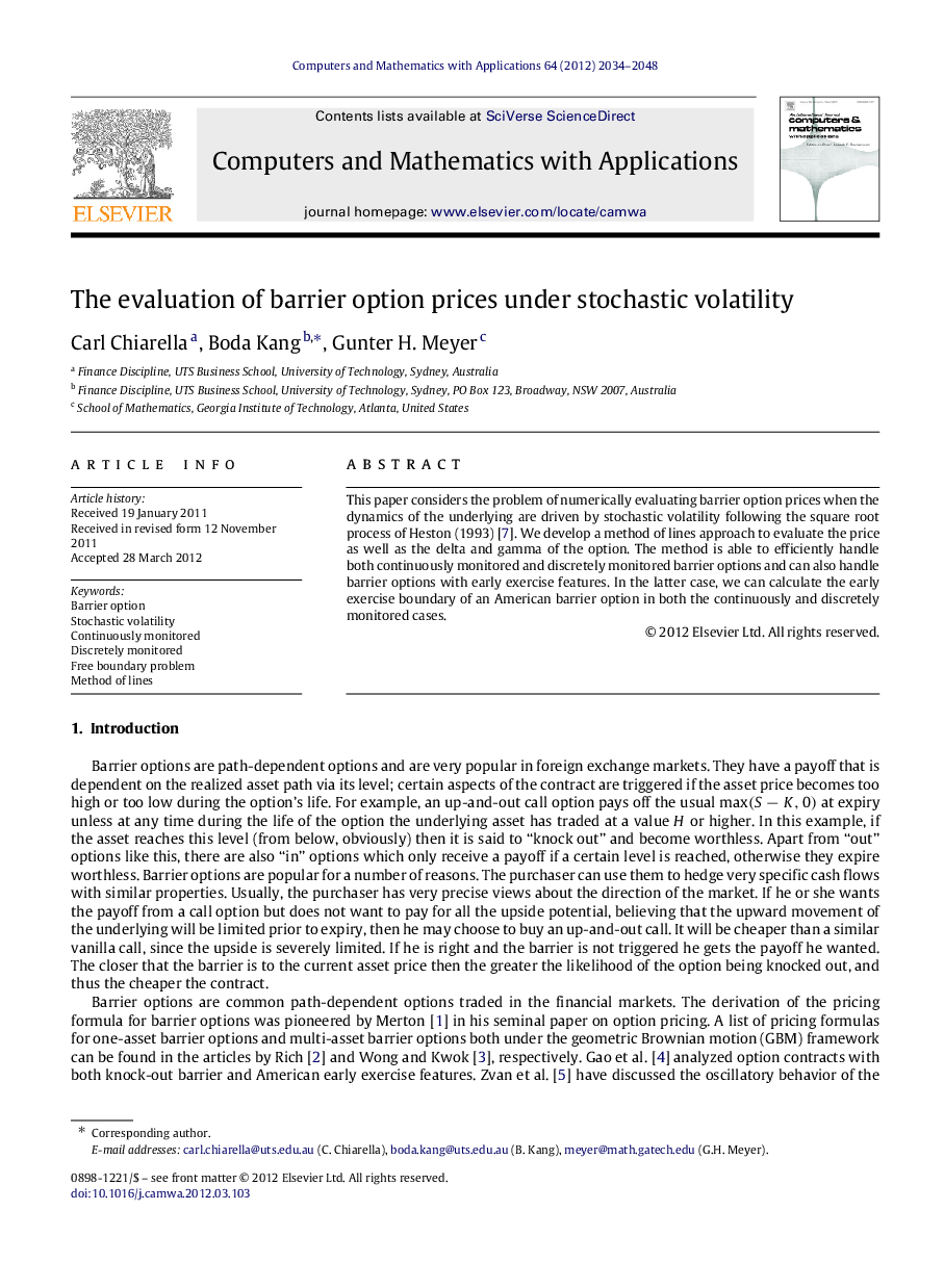 عکس صفحه اول مقاله: The evaluation of barrier option prices under stochastic volatility The evaluation of barrier option prices under stochastic volatility