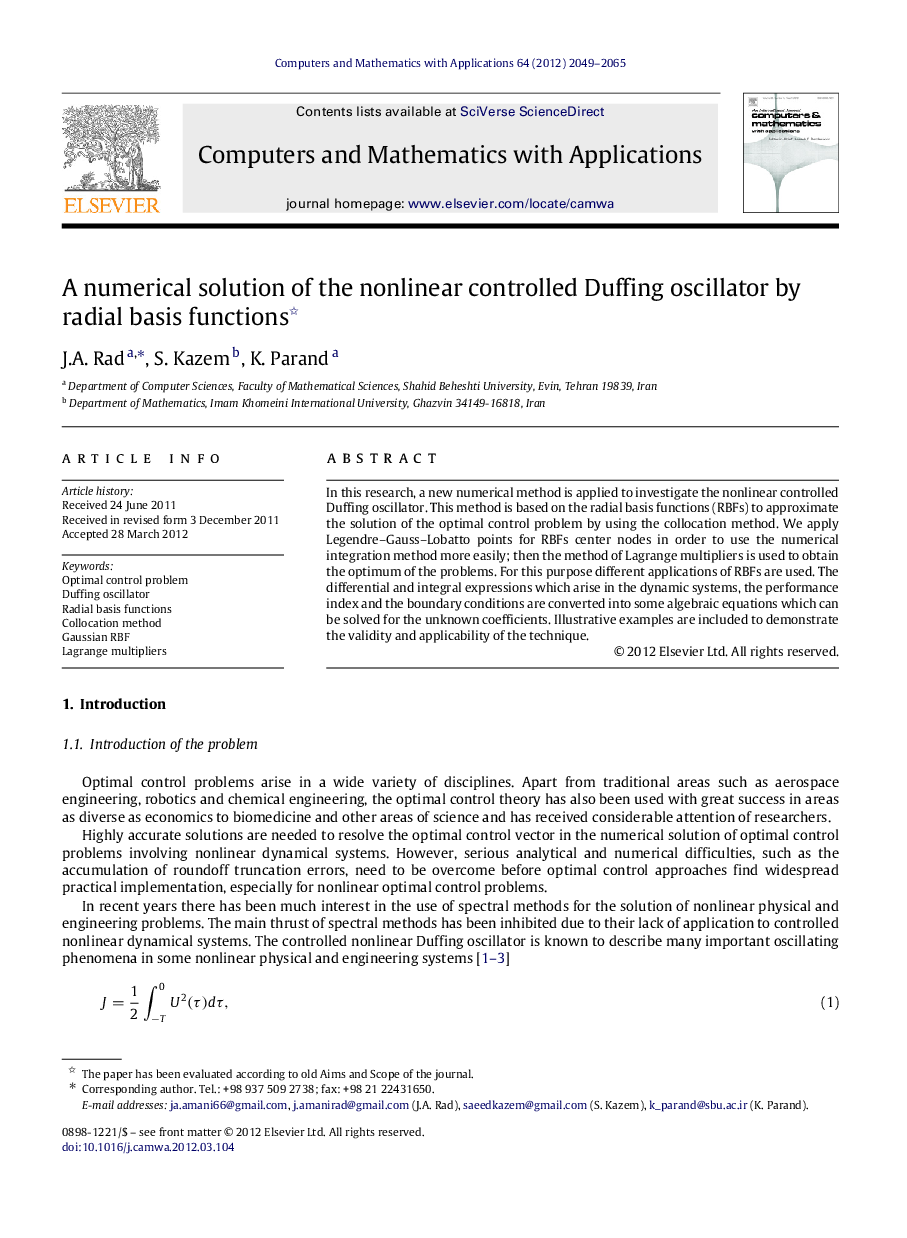 A numerical solution of the nonlinear controlled Duffing oscillator by radial basis functions 