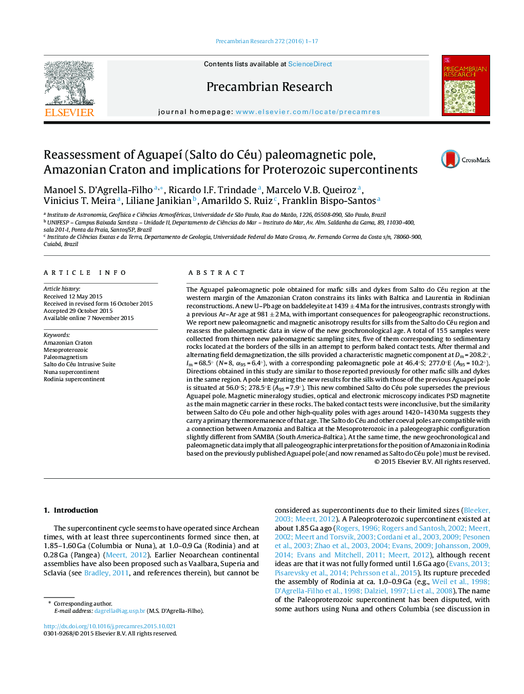 Reassessment of Aguapeí (Salto do Céu) paleomagnetic pole, Amazonian Craton and implications for Proterozoic supercontinents