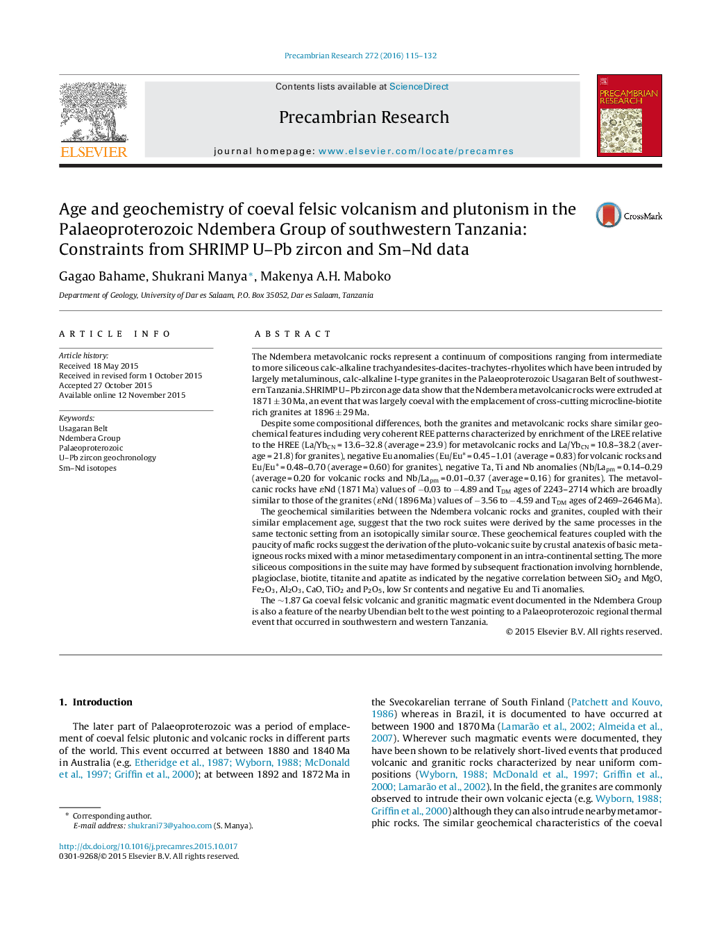 Age and geochemistry of coeval felsic volcanism and plutonism in the Palaeoproterozoic Ndembera Group of southwestern Tanzania: Constraints from SHRIMP U–Pb zircon and Sm–Nd data