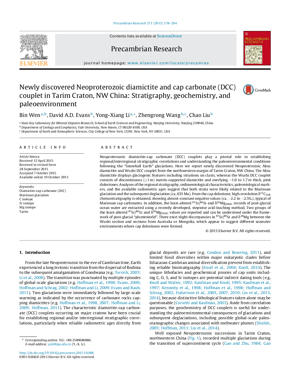 Newly discovered Neoproterozoic diamictite and cap carbonate (DCC) couplet in Tarim Craton, NW China: Stratigraphy, geochemistry, and paleoenvironment