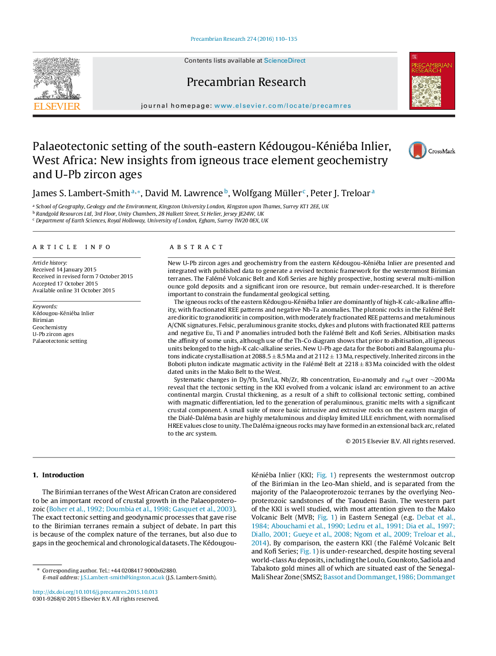عکس صفحه اول مقاله: Palaeotectonic setting of the south-eastern Kédougou-Kéniéba Inlier, West Africa: New insights from igneous trace element geochemistry and U-Pb zircon ages Palaeotectonic setting of the south-eastern Kédougou-Kéniéba Inlier, West Africa: New insights from igneous trace element geochemistry and U-Pb zircon ages