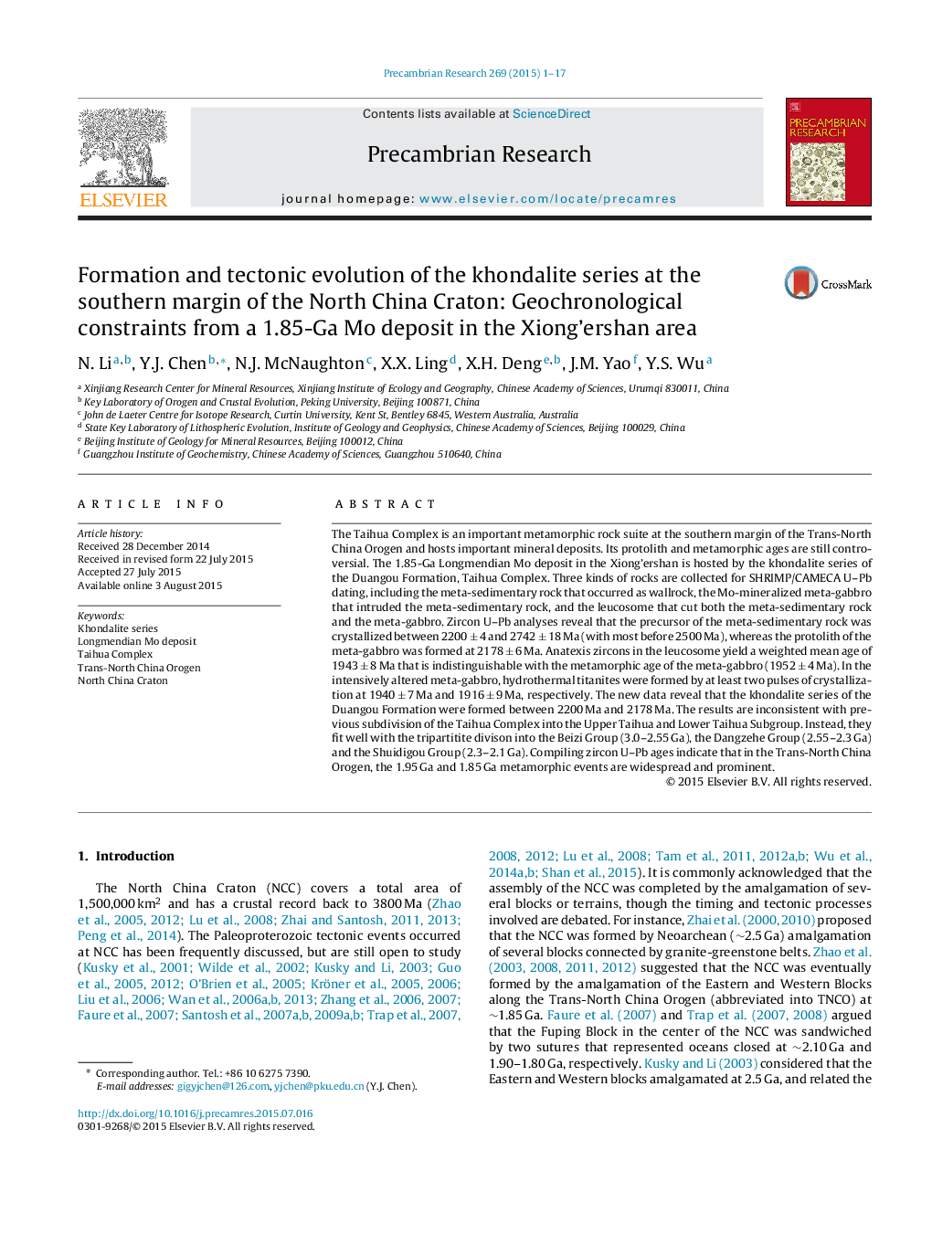 Formation and tectonic evolution of the khondalite series at the southern margin of the North China Craton: Geochronological constraints from a 1.85-Ga Mo deposit in the Xiong’ershan area