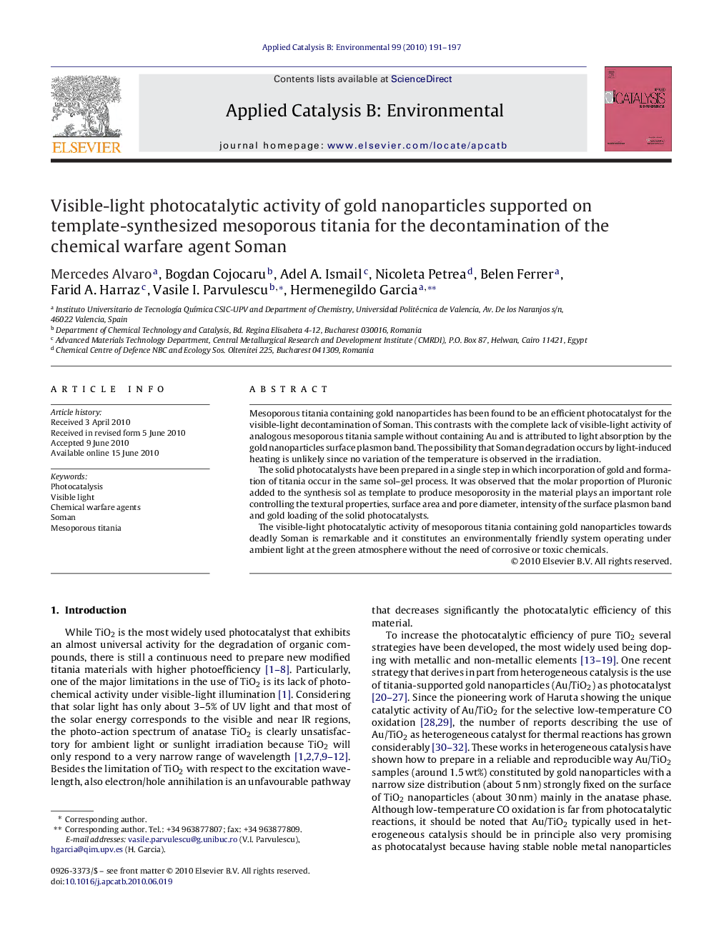 Visible-light photocatalytic activity of gold nanoparticles supported on template-synthesized mesoporous titania for the decontamination of the chemical warfare agent Soman