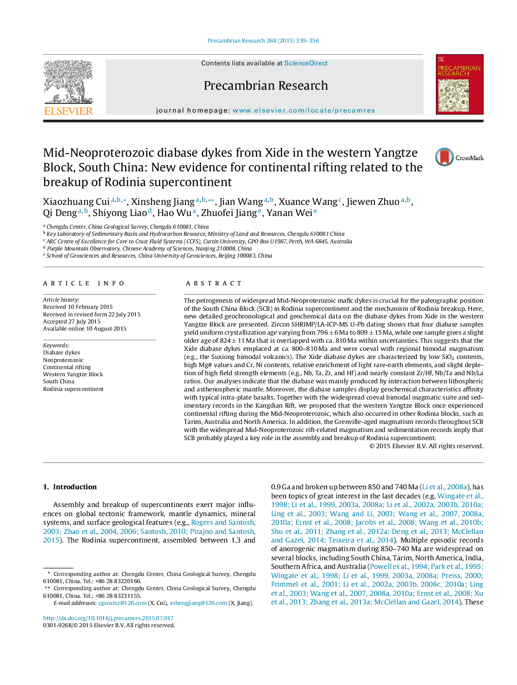 Mid-Neoproterozoic diabase dykes from Xide in the western Yangtze Block, South China: New evidence for continental rifting related to the breakup of Rodinia supercontinent