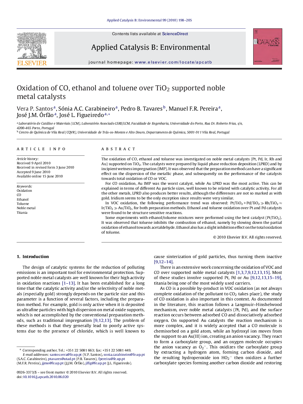 Oxidation of CO, ethanol and toluene over TiO2 supported noble metal catalysts