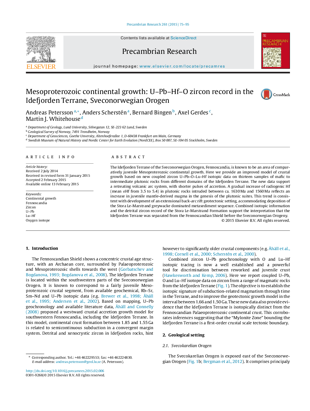 Mesoproterozoic continental growth: U–Pb–Hf–O zircon record in the Idefjorden Terrane, Sveconorwegian Orogen