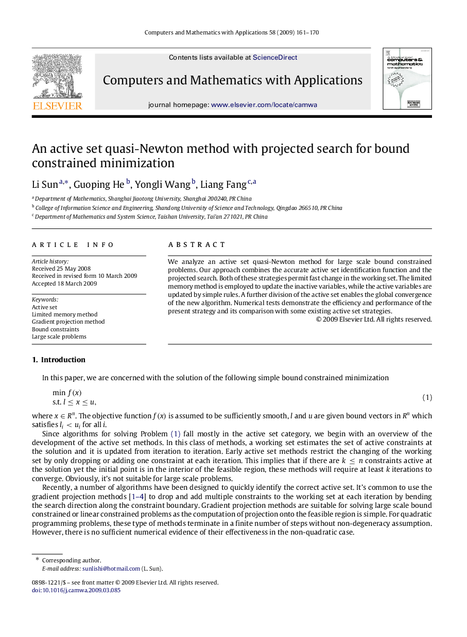 An active set quasi-Newton method with projected search for bound constrained minimization