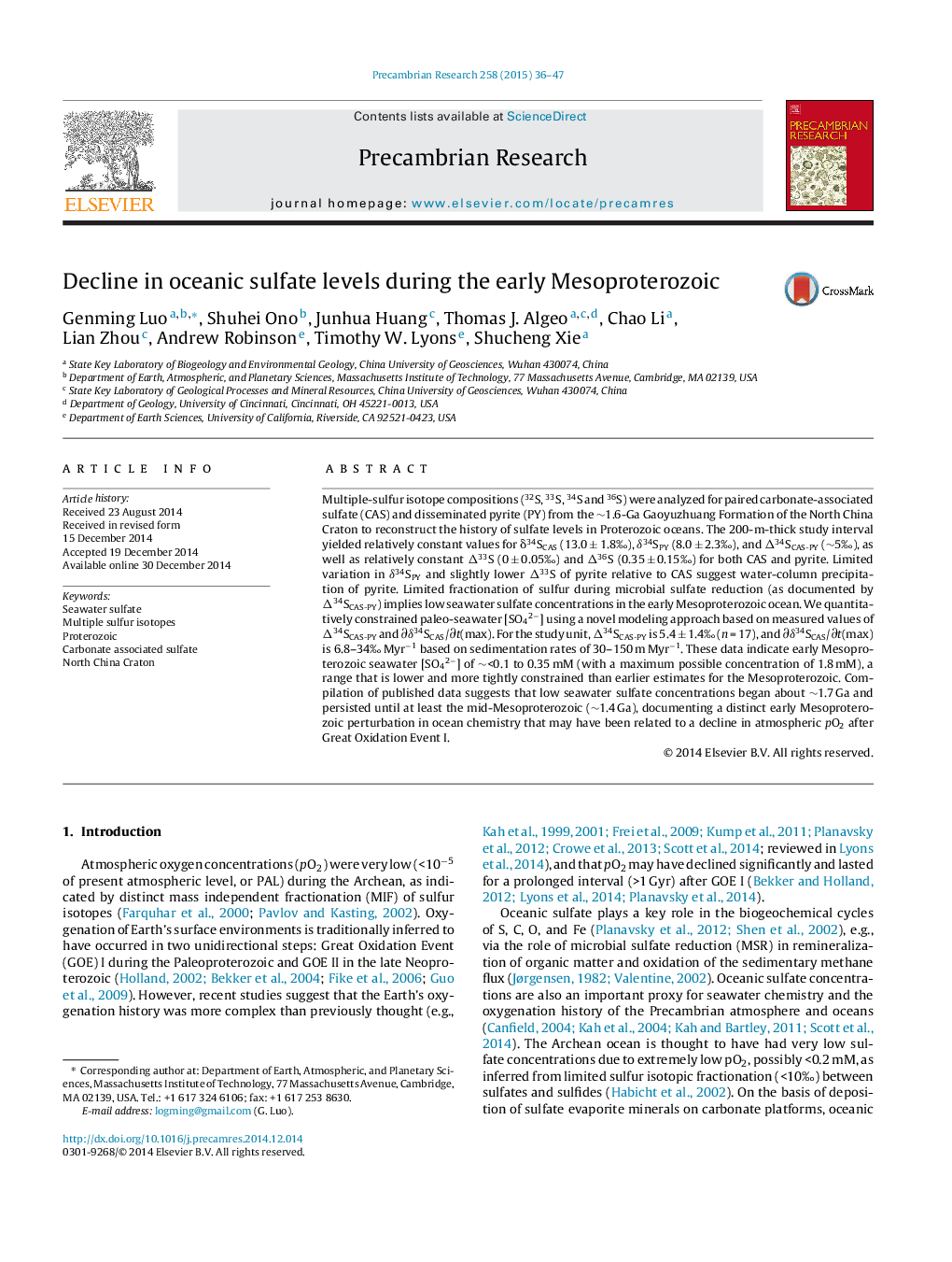 Decline in oceanic sulfate levels during the early Mesoproterozoic