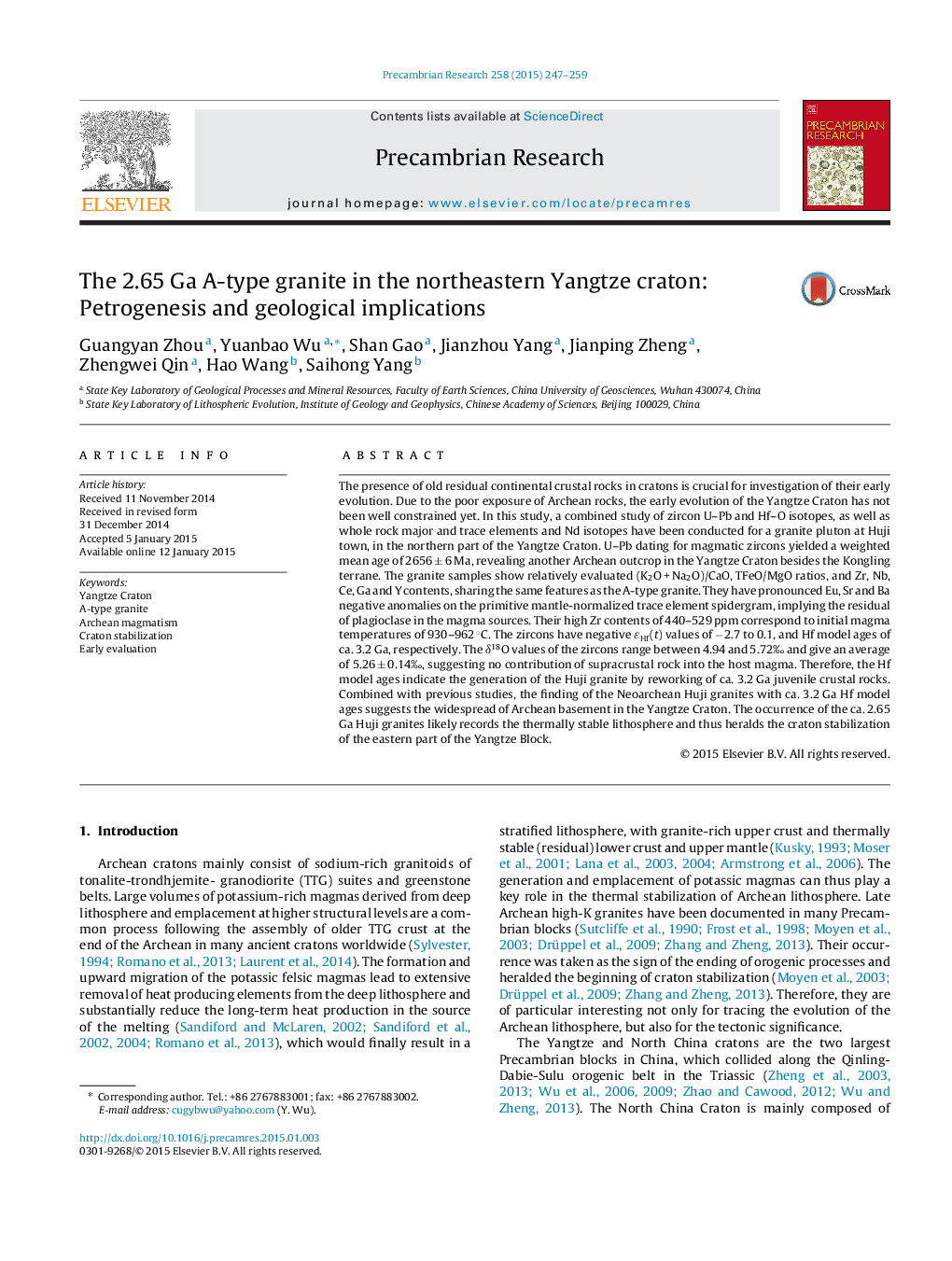 The 2.65 Ga A-type granite in the northeastern Yangtze craton: Petrogenesis and geological implications