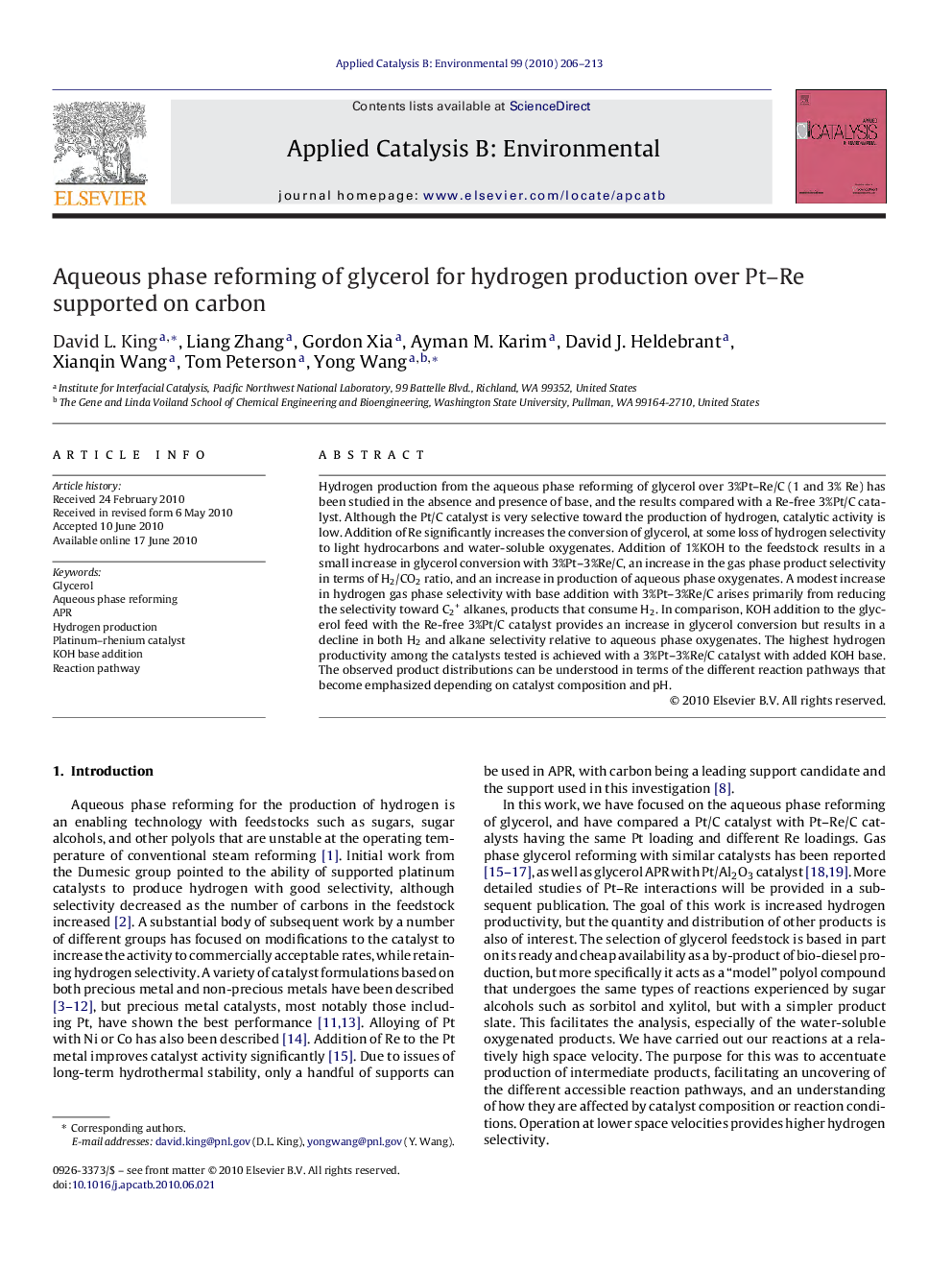 Aqueous phase reforming of glycerol for hydrogen production over Pt–Re supported on carbon