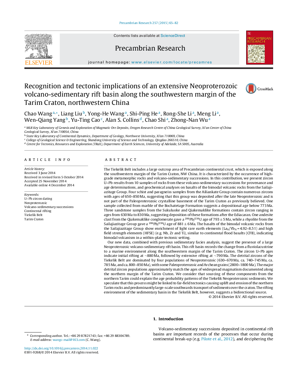 شناخت و پیامدهای تکتونیکی یک حوضه ریخت شناسی گسترده ای از نئوپروتروزیوئیک در امتداد حاشیه جنوب غربی تاریم کراتون، شمال غربی چین 