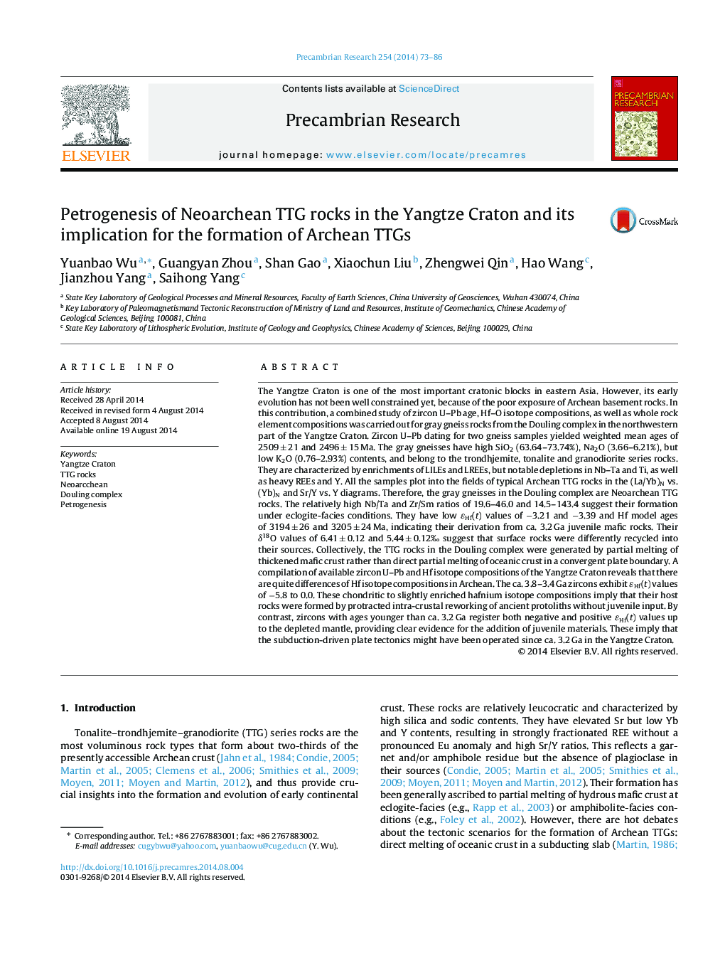 Petrogenesis of Neoarchean TTG rocks in the Yangtze Craton and its implication for the formation of Archean TTGs