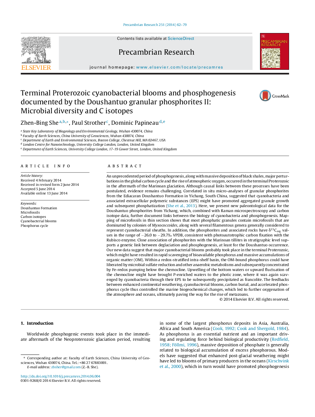 عکس صفحه اول مقاله: Terminal Proterozoic cyanobacterial blooms and phosphogenesis documented by the Doushantuo granular phosphorites II: Microbial diversity and C isotopes Terminal Proterozoic cyanobacterial blooms and phosphogenesis documented by the Doushantuo granular phosphorites II: Microbial diversity and C isotopes