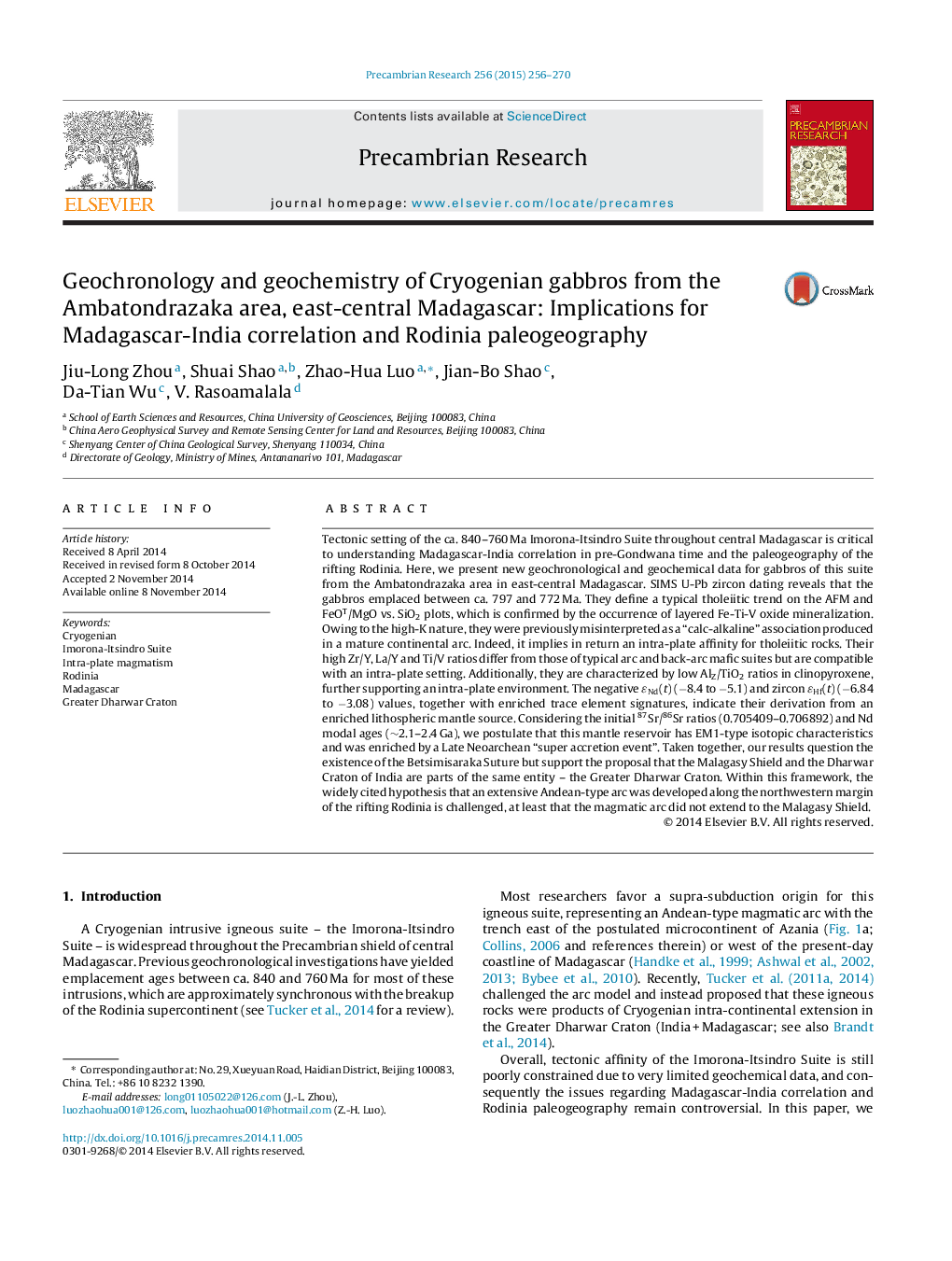 Geochronology and geochemistry of Cryogenian gabbros from the Ambatondrazaka area, east-central Madagascar: Implications for Madagascar-India correlation and Rodinia paleogeography