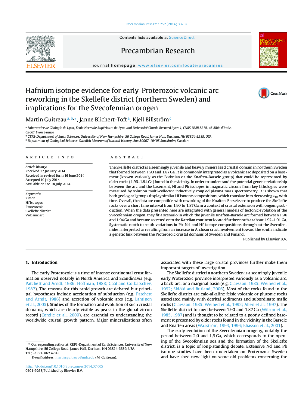 Hafnium isotope evidence for early-Proterozoic volcanic arc reworking in the Skellefte district (northern Sweden) and implications for the Svecofennian orogen