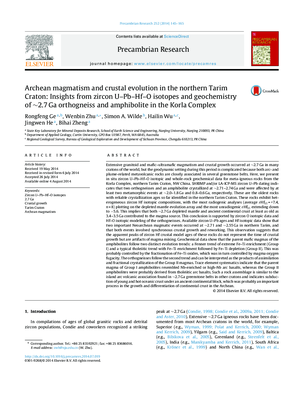 Archean magmatism and crustal evolution in the northern Tarim Craton: Insights from zircon U–Pb–Hf–O isotopes and geochemistry of ∼2.7 Ga orthogneiss and amphibolite in the Korla Complex