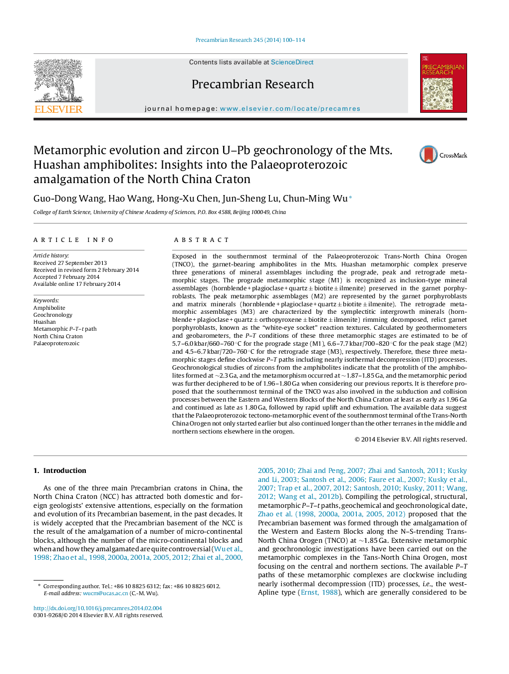 Metamorphic evolution and zircon U–Pb geochronology of the Mts. Huashan amphibolites: Insights into the Palaeoproterozoic amalgamation of the North China Craton