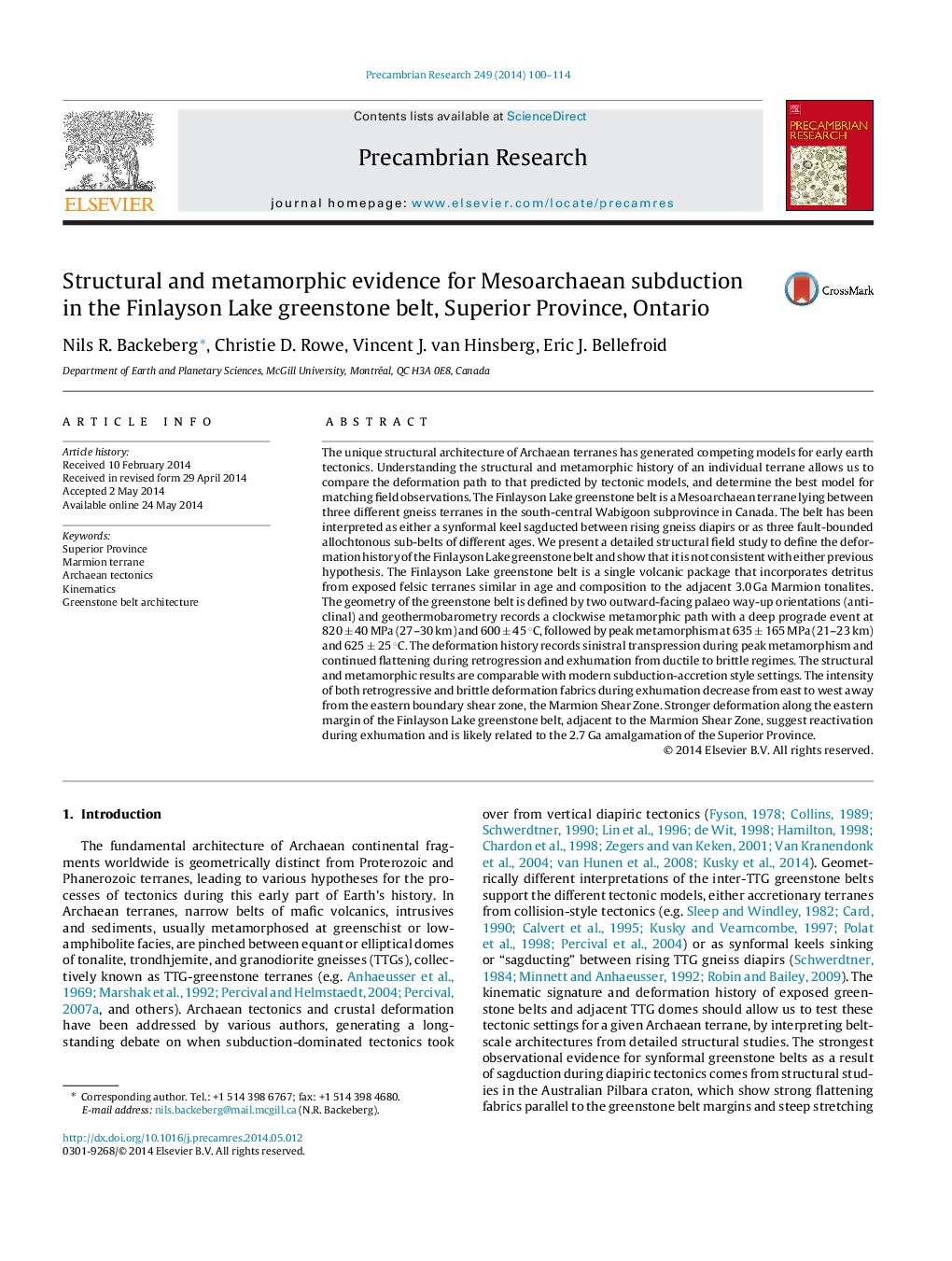 Structural and metamorphic evidence for Mesoarchaean subduction in the Finlayson Lake greenstone belt, Superior Province, Ontario