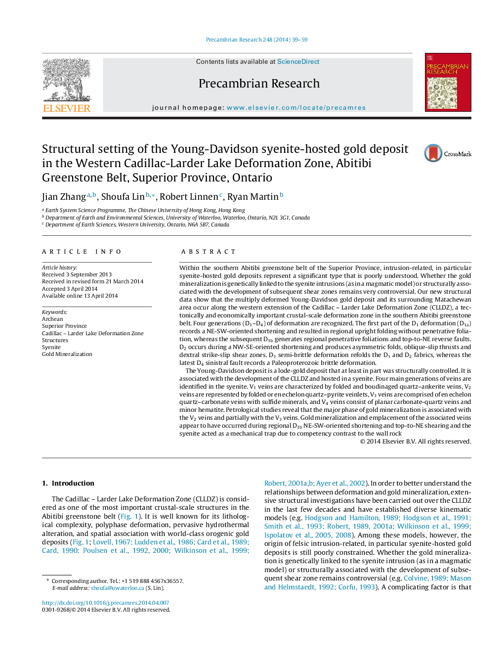 Structural setting of the Young-Davidson syenite-hosted gold deposit in the Western Cadillac-Larder Lake Deformation Zone, Abitibi Greenstone Belt, Superior Province, Ontario