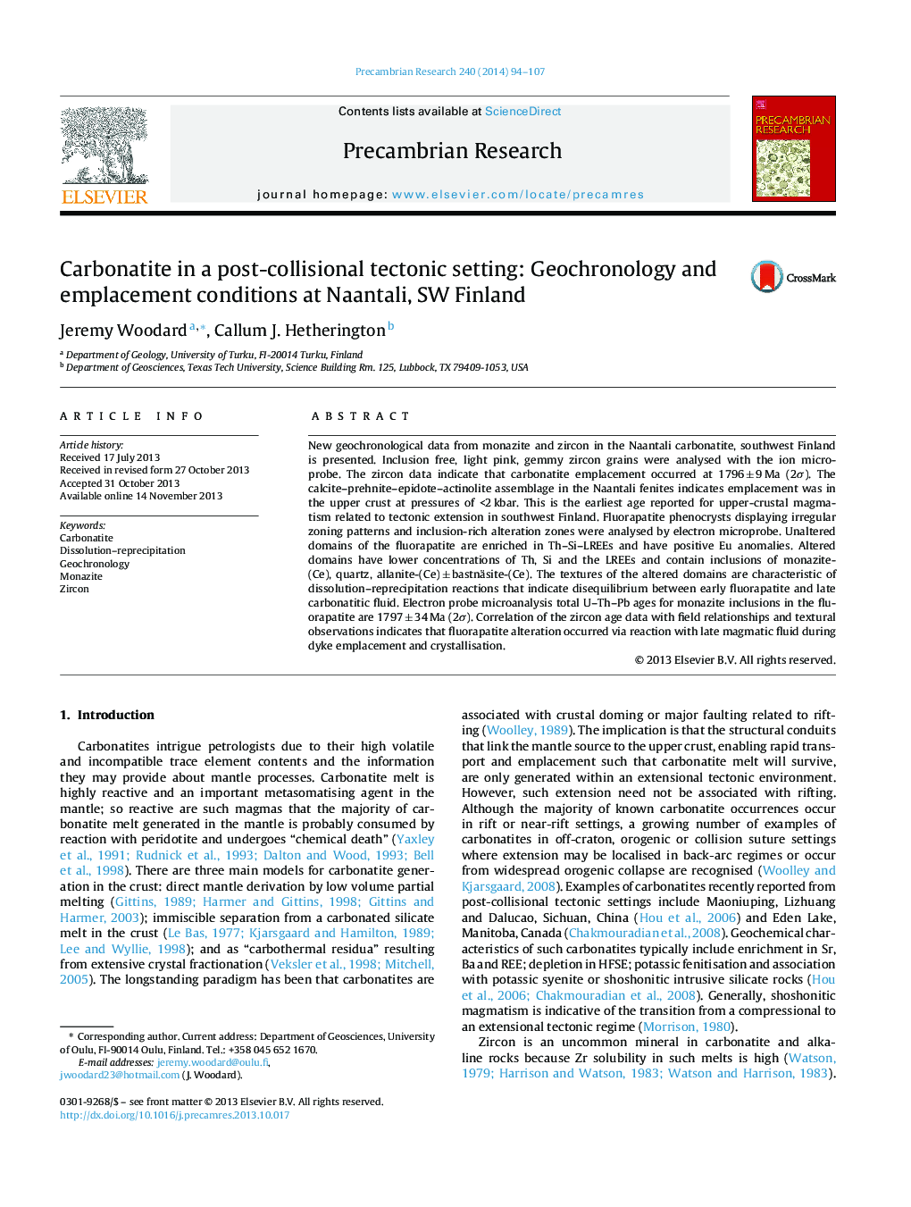 Carbonatite in a post-collisional tectonic setting: Geochronology and emplacement conditions at Naantali, SW Finland