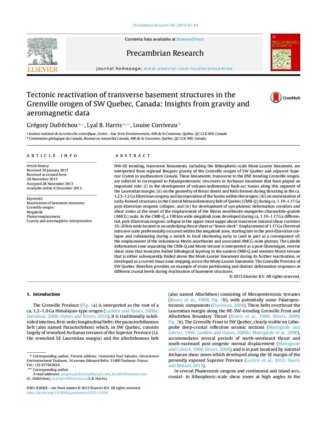 Tectonic reactivation of transverse basement structures in the Grenville orogen of SW Quebec, Canada: Insights from gravity and aeromagnetic data