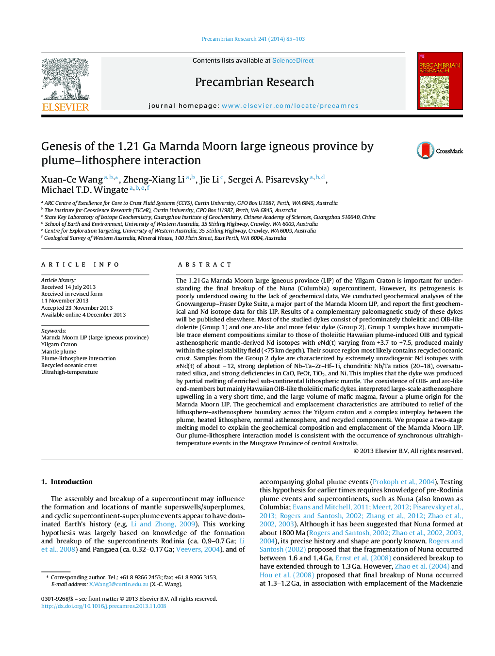 Genesis of the 1.21 Ga Marnda Moorn large igneous province by plume–lithosphere interaction