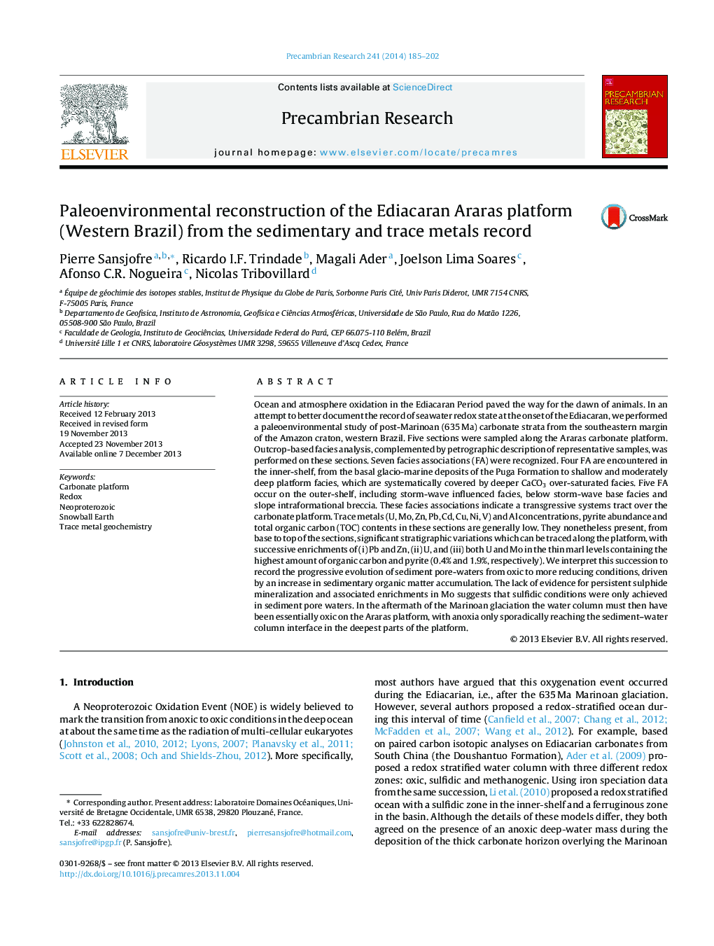 Paleoenvironmental reconstruction of the Ediacaran Araras platform (Western Brazil) from the sedimentary and trace metals record