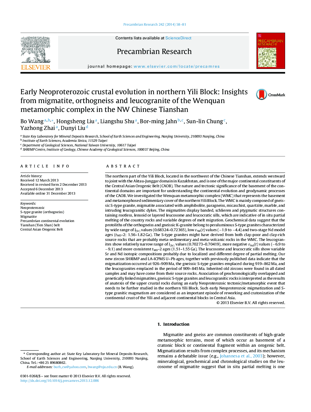 Early Neoproterozoic crustal evolution in northern Yili Block: Insights from migmatite, orthogneiss and leucogranite of the Wenquan metamorphic complex in the NW Chinese Tianshan