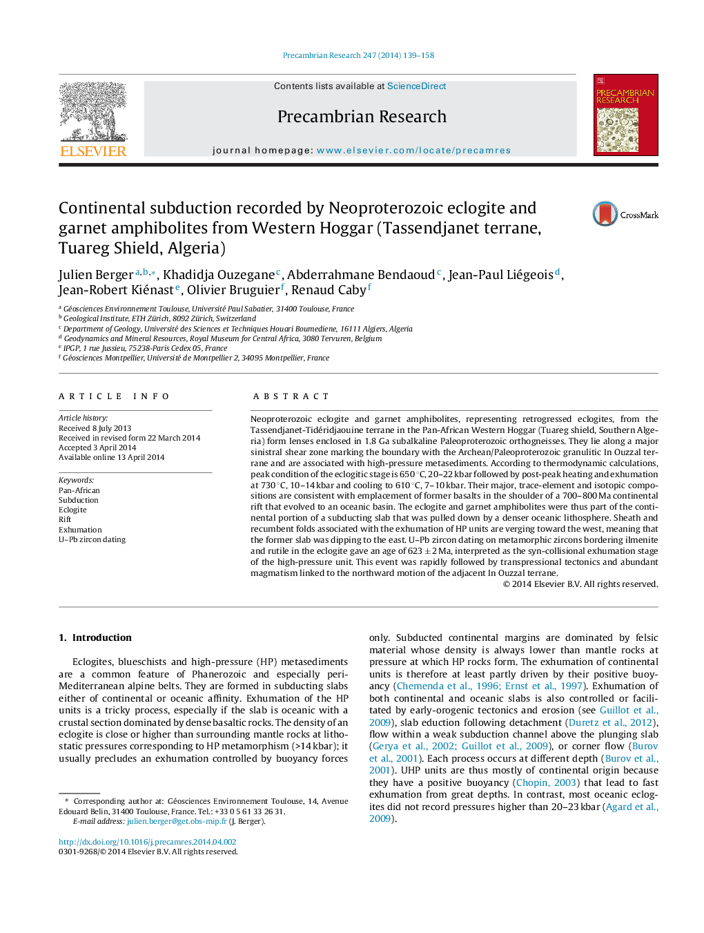 Continental subduction recorded by Neoproterozoic eclogite and garnet amphibolites from Western Hoggar (Tassendjanet terrane, Tuareg Shield, Algeria)