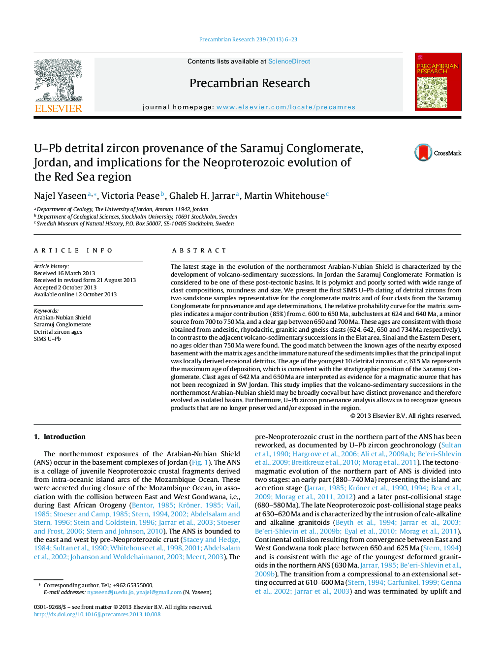 U-Pb detrital zircon provenance of the Saramuj Conglomerate, Jordan, and implications for the Neoproterozoic evolution of the Red Sea region