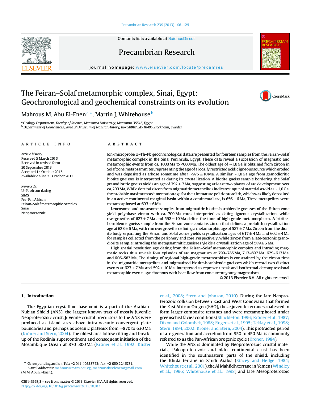 The Feiran–Solaf metamorphic complex, Sinai, Egypt: Geochronological and geochemical constraints on its evolution