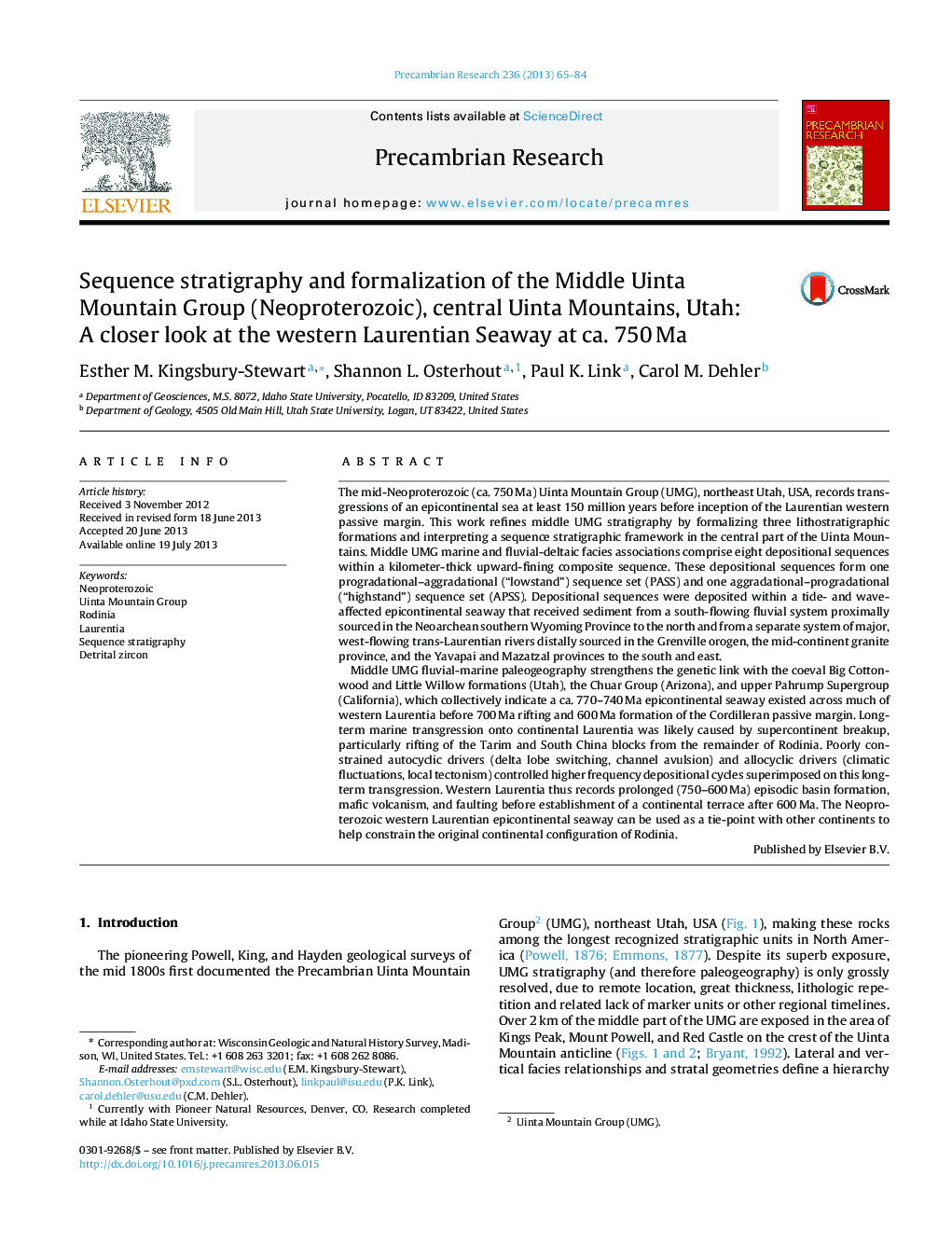 Sequence stratigraphy and formalization of the Middle Uinta Mountain Group (Neoproterozoic), central Uinta Mountains, Utah: A closer look at the western Laurentian Seaway at ca. 750 Ma