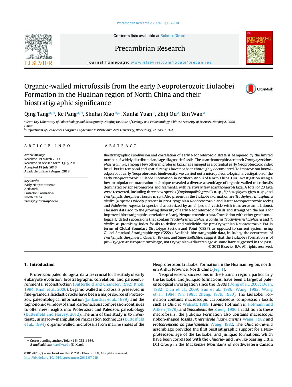 Organic-walled microfossils from the early Neoproterozoic Liulaobei Formation in the Huainan region of North China and their biostratigraphic significance