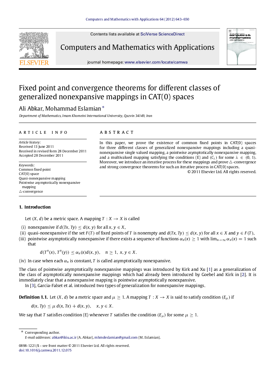 Fixed point and convergence theorems for different classes of generalized nonexpansive mappings in CAT(0) spaces