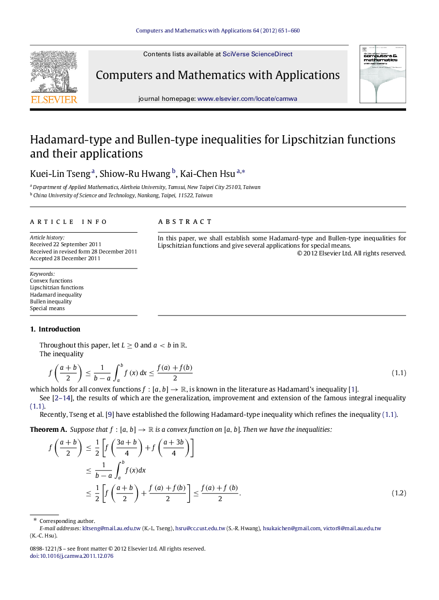 Hadamard-type and Bullen-type inequalities for Lipschitzian functions and their applications