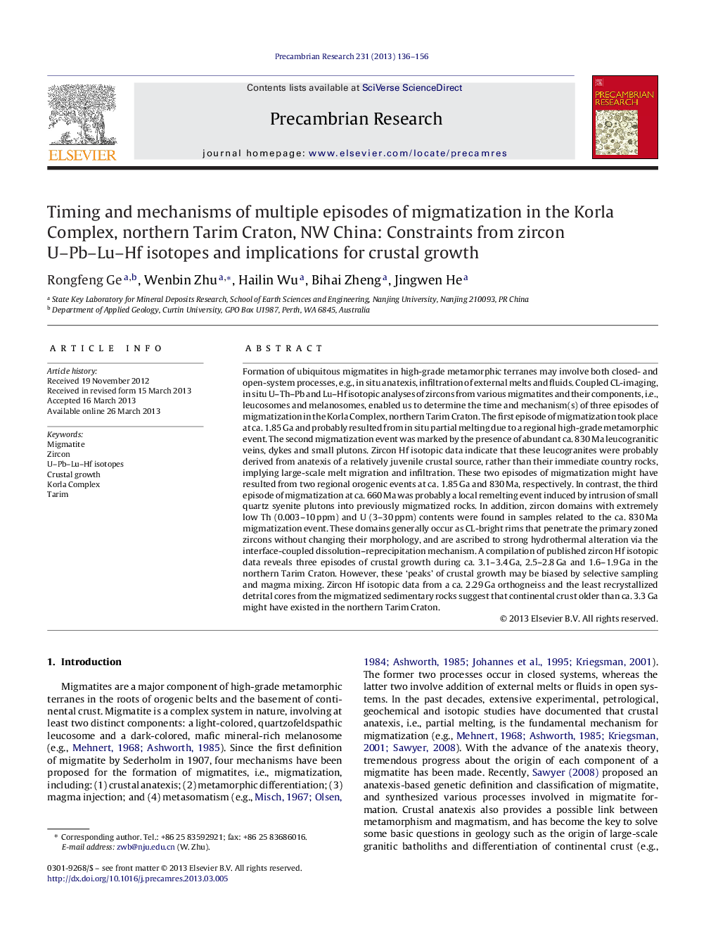 Timing and mechanisms of multiple episodes of migmatization in the Korla Complex, northern Tarim Craton, NW China: Constraints from zircon U–Pb–Lu–Hf isotopes and implications for crustal growth