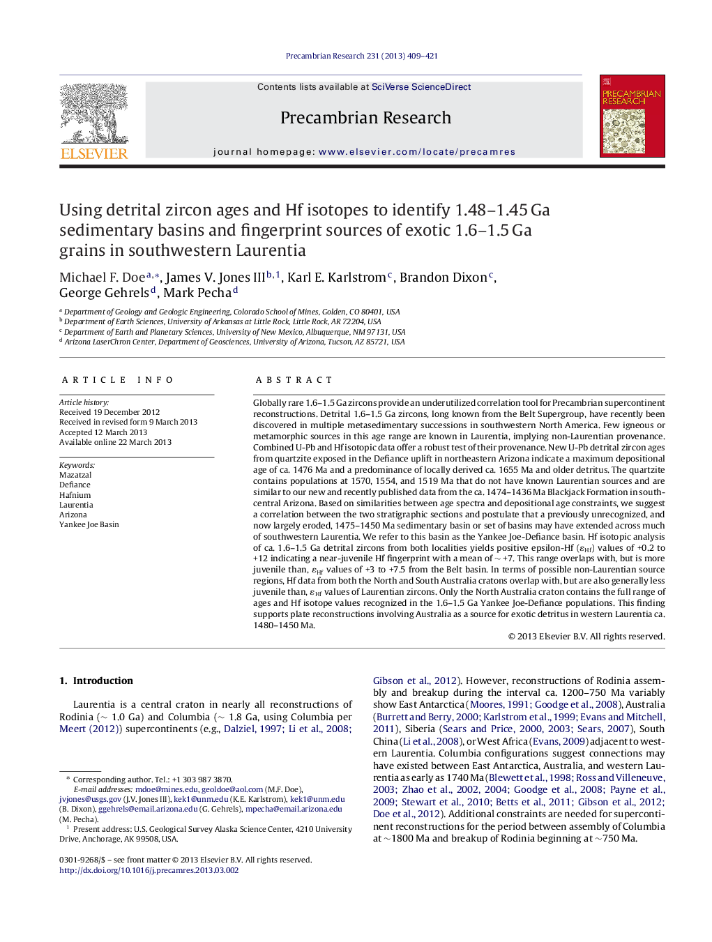 Using detrital zircon ages and Hf isotopes to identify 1.48–1.45 Ga sedimentary basins and fingerprint sources of exotic 1.6–1.5 Ga grains in southwestern Laurentia