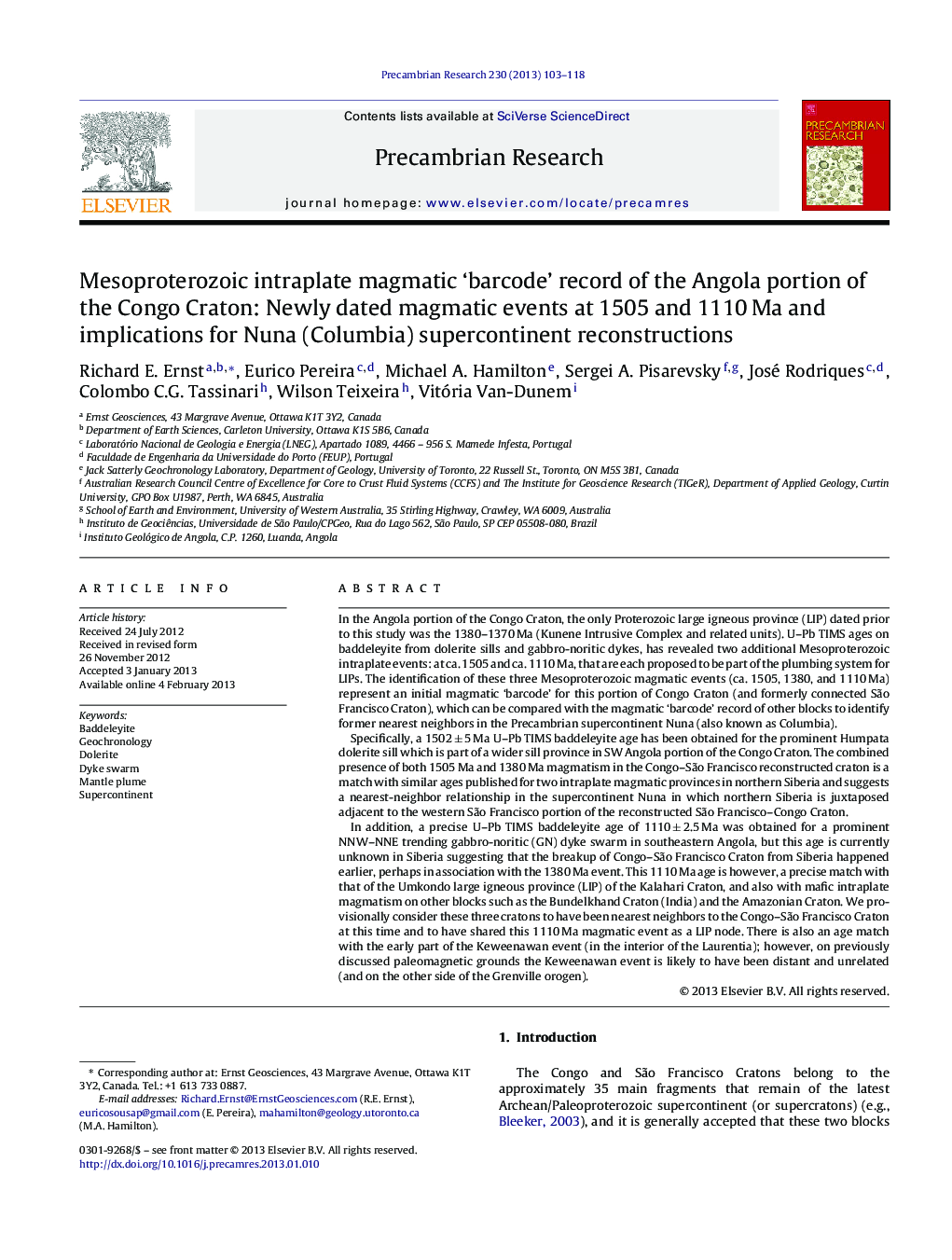 Mesoproterozoic intraplate magmatic ‘barcode’ record of the Angola portion of the Congo Craton: Newly dated magmatic events at 1505 and 1110 Ma and implications for Nuna (Columbia) supercontinent reconstructions