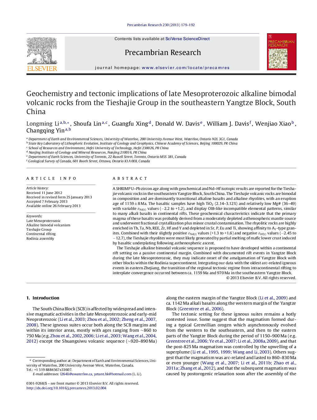 Geochemistry and tectonic implications of late Mesoproterozoic alkaline bimodal volcanic rocks from the Tieshajie Group in the southeastern Yangtze Block, South China