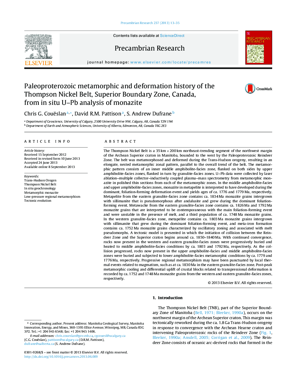 Paleoproterozoic metamorphic and deformation history of the Thompson Nickel Belt, Superior Boundary Zone, Canada, from in situ U-Pb analysis of monazite