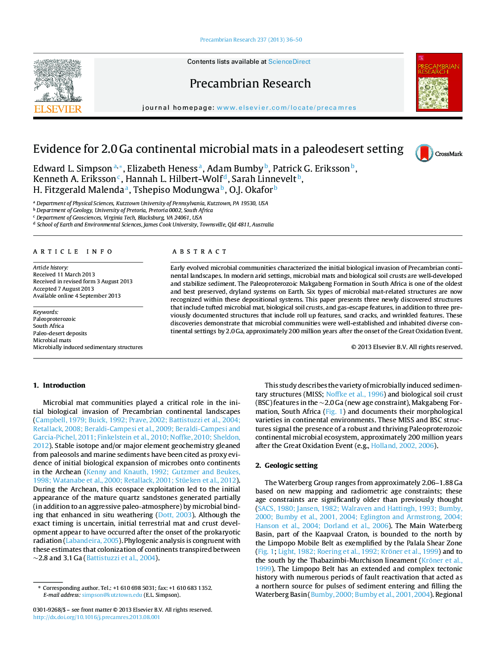 Evidence for 2.0 Ga continental microbial mats in a paleodesert setting