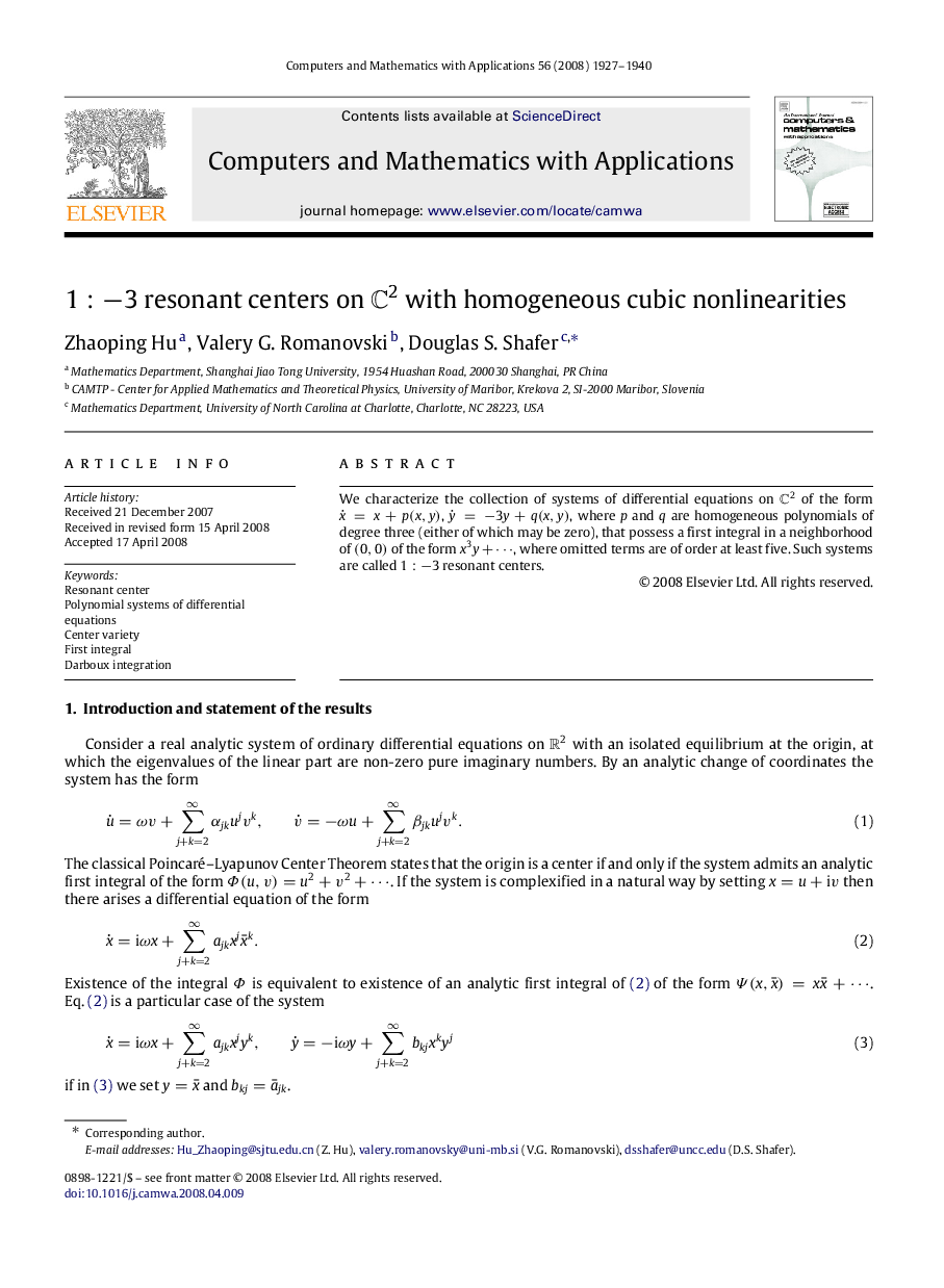 1:−31:−3 resonant centers on C2C2 with homogeneous cubic nonlinearities