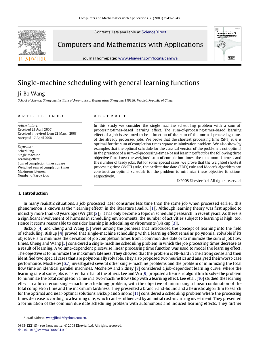 Single-machine scheduling with general learning functions