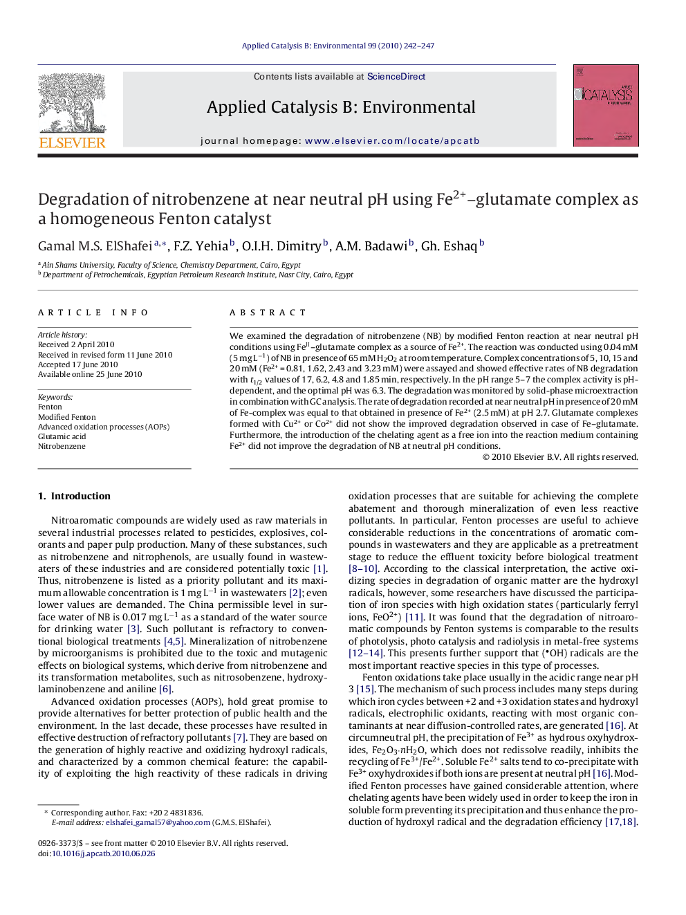 Degradation of nitrobenzene at near neutral pH using Fe2+–glutamate complex as a homogeneous Fenton catalyst