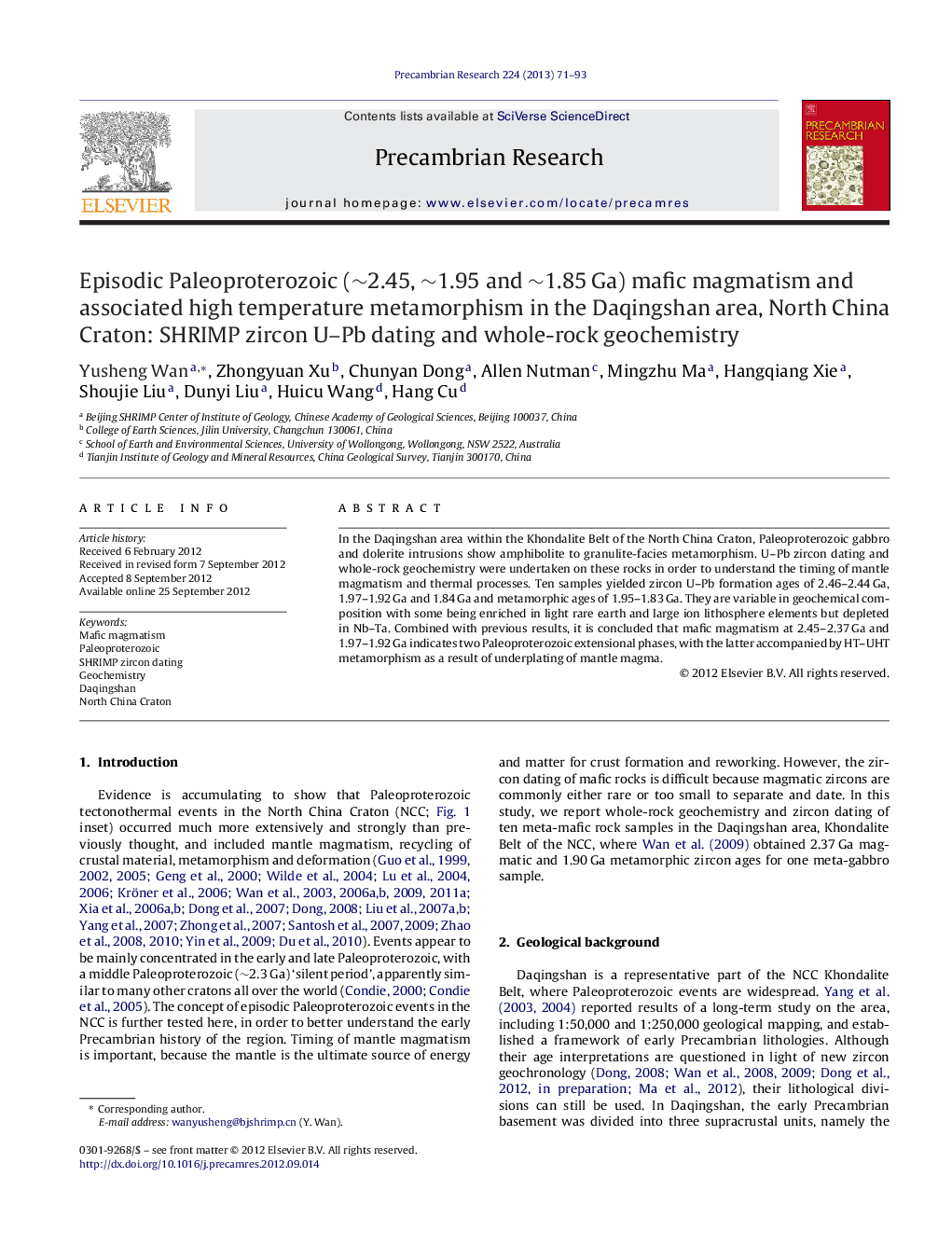 Episodic Paleoproterozoic (∼2.45, ∼1.95 and ∼1.85 Ga) mafic magmatism and associated high temperature metamorphism in the Daqingshan area, North China Craton: SHRIMP zircon U–Pb dating and whole-rock geochemistry